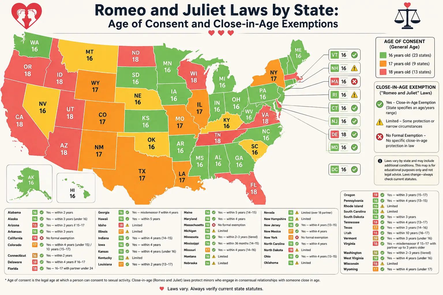 Map of the United States showing each state's age of consent (16, 17, or 18) and whether it has a close-in-age Romeo and Juliet exemption