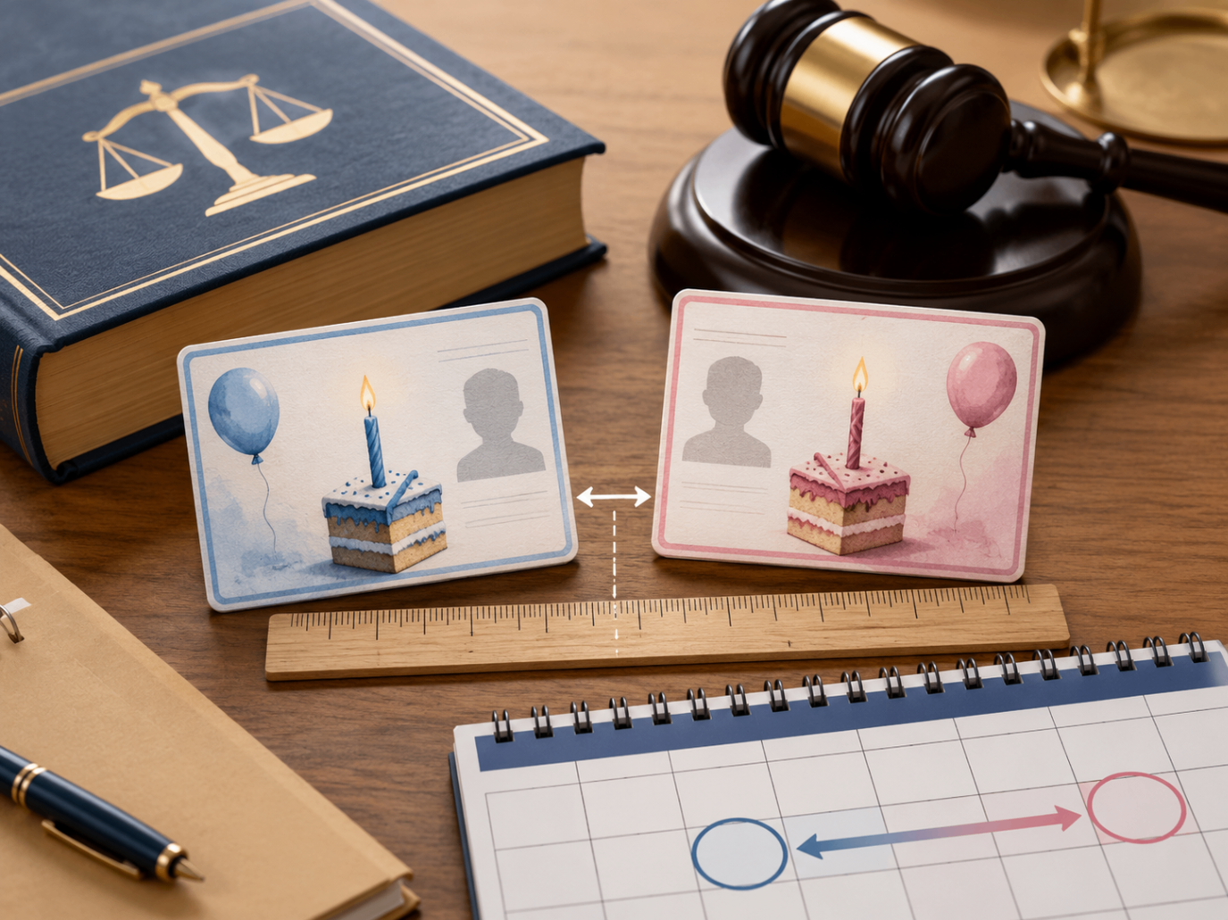 Birthday cards, a ruler and calendar illustrating how exact age gap is calculated