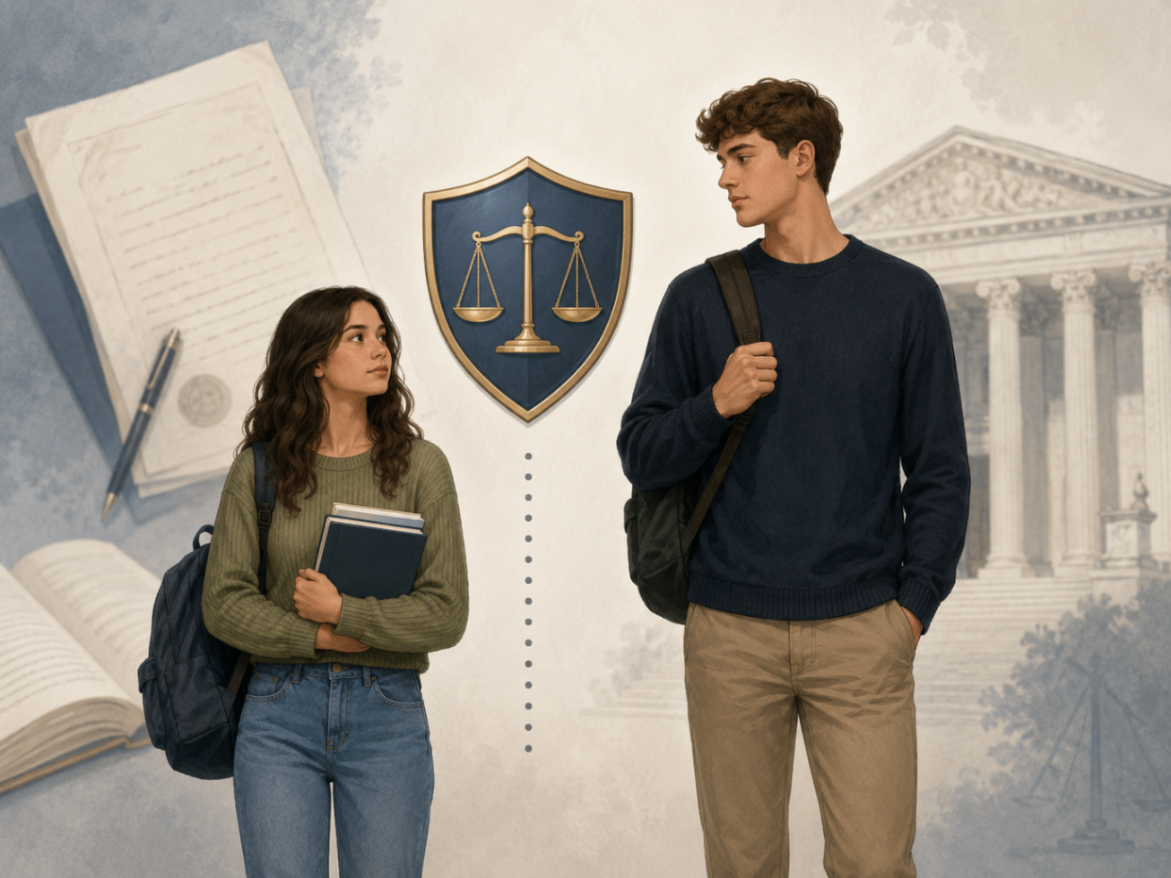 Illustration of two teenagers with a shield of justice representing close-in-age protection