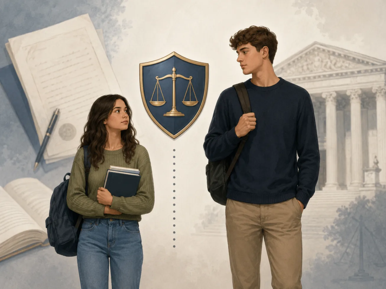 Illustration of two teenagers with a shield of justice representing close-in-age protection